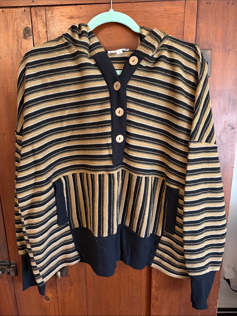 Striped Hooded Button Pullover Sweater - Black & Tan